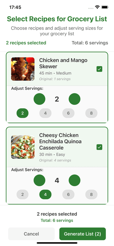 Grocery List Generation Screen